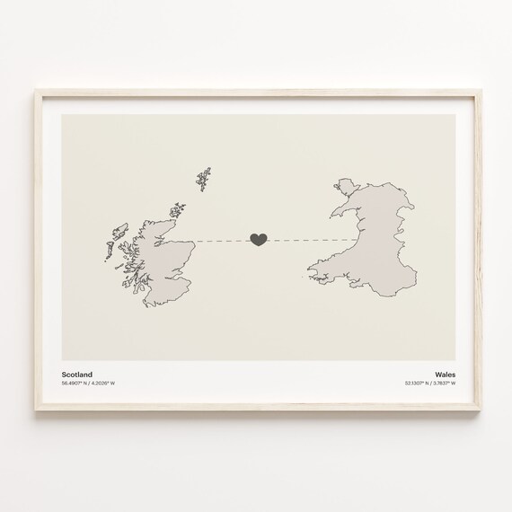 Scotland And Wales Long Distance Love Minimalist Heart Map Poster
