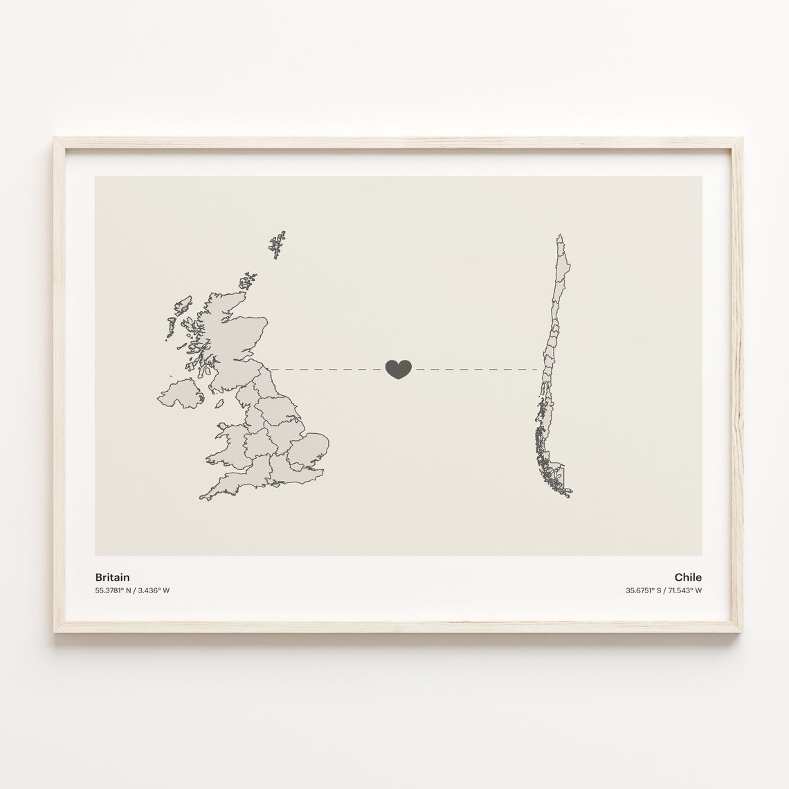 Britain To Chile Minimalist Heart Map Connection Gift Poster