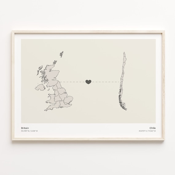 Britain To Chile Minimalist Heart Map Connection Gift Poster