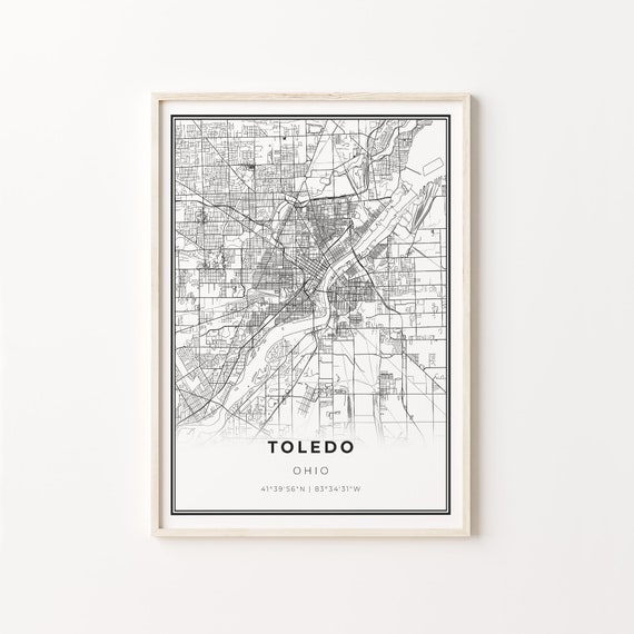 Toledo City Map Art Poster, Modern Black And White