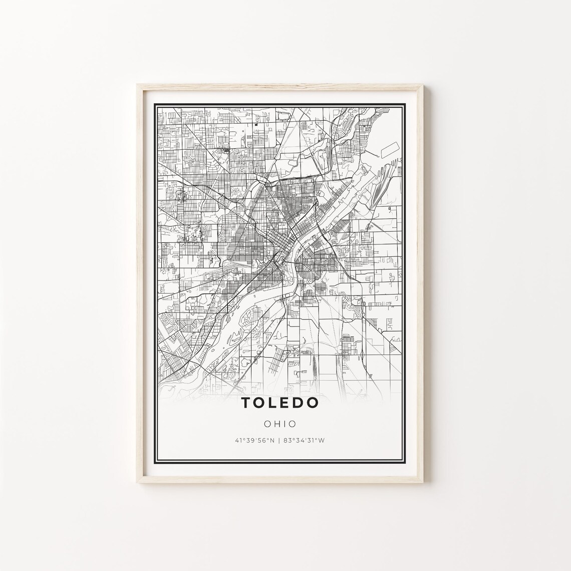 Toledo City Map Art Poster, Modern Black And White