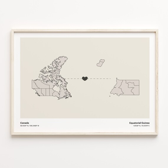 Canada Equatorial Guinea Heart Connection Map Minimalist Long Distance Gift Poster