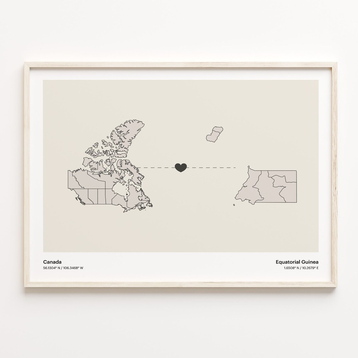 Canada Equatorial Guinea Heart Connection Map Minimalist Long Distance Gift Poster