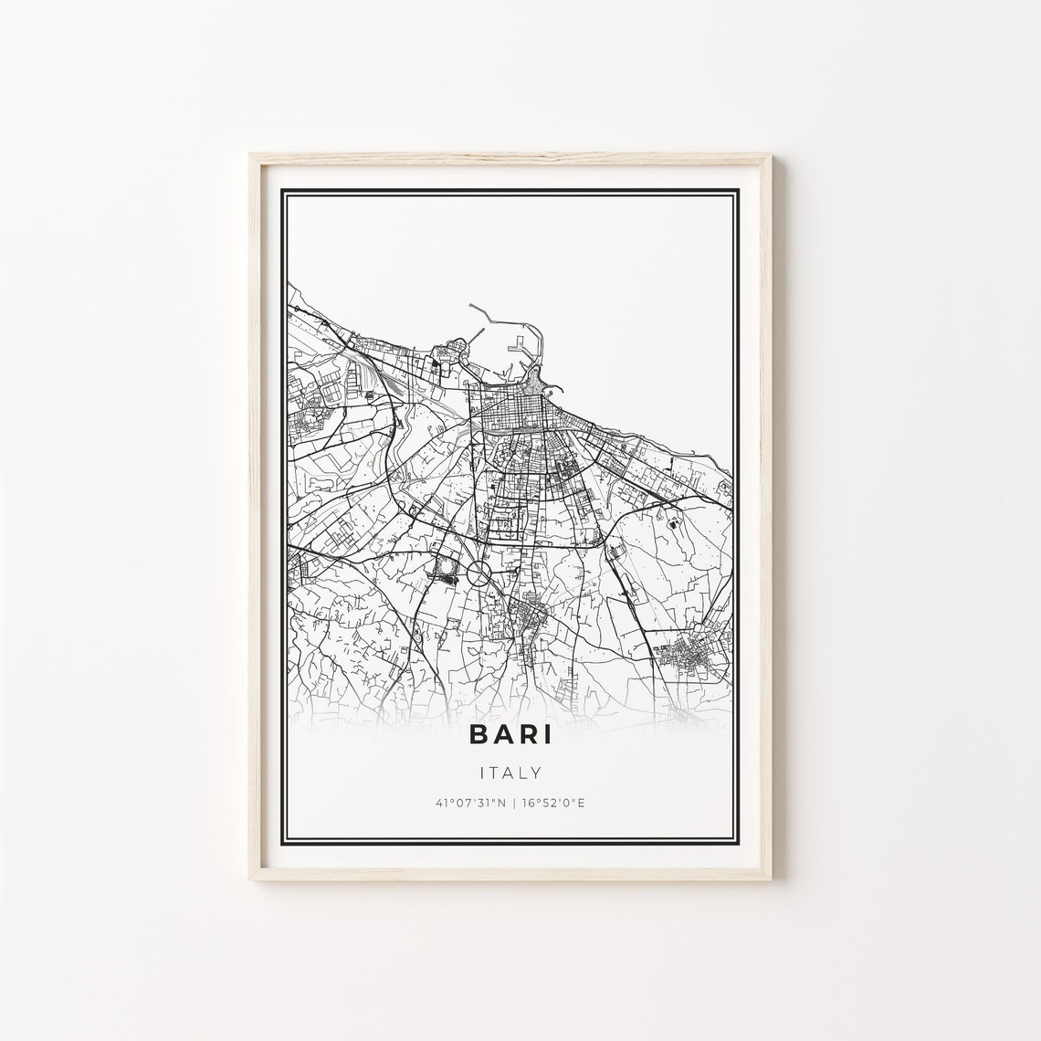 Bari Italy City Map Minimalist Black and White Coastal Art Poster