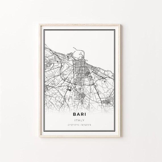Bari Italy City Map Minimalist Black and White Coastal Art Poster
