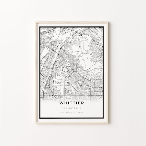 Whittier California Modern Minimalist Black and White City Map Poster