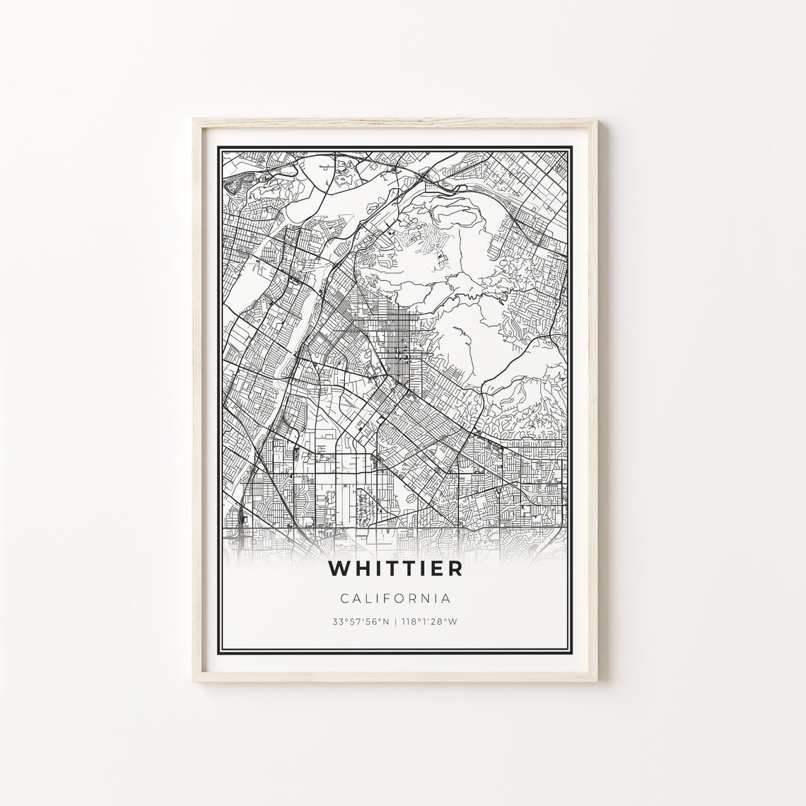 Whittier California Modern Minimalist Black and White City Map Poster