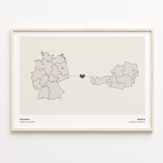 Germany To Austria Minimalist Country Heart Connection Map Poster