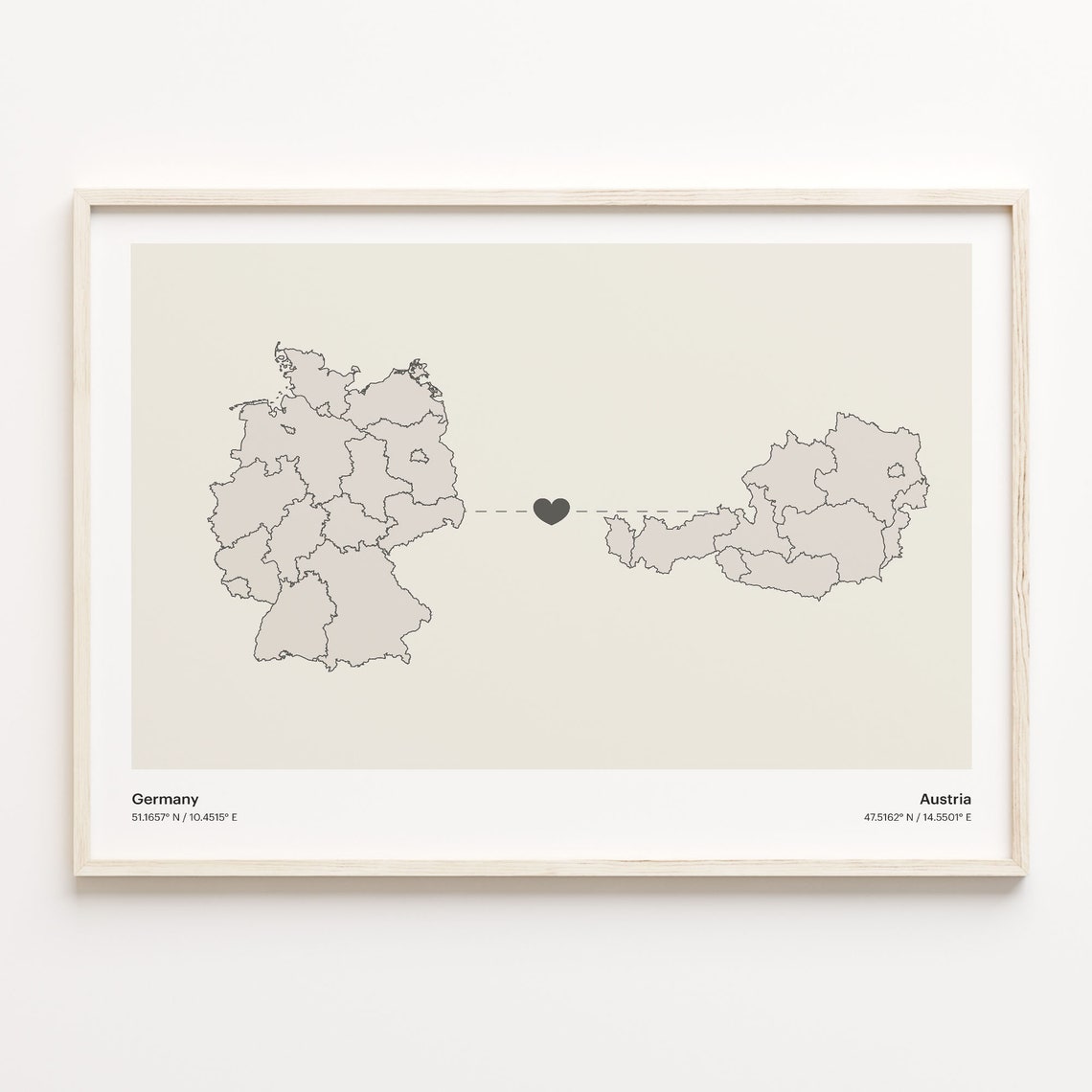 Germany To Austria Minimalist Country Heart Connection Map Poster