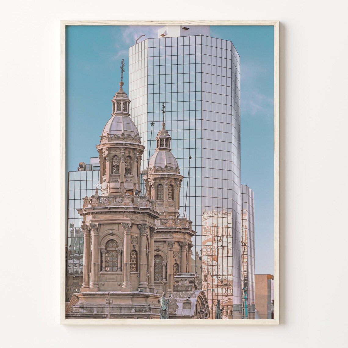 Santiago Chile Old Cathedral Towers Modern Glass Tower Poster