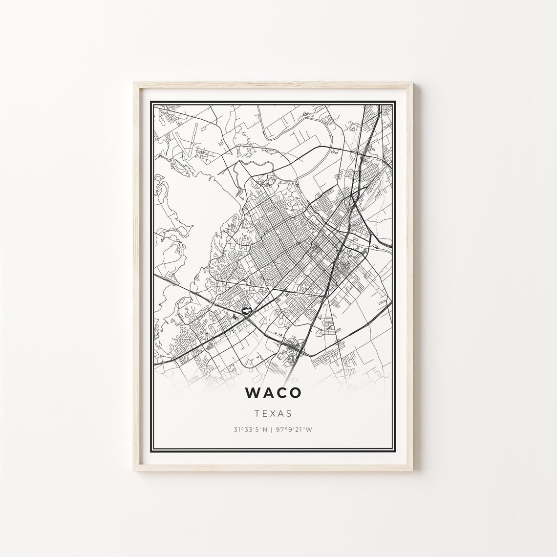 Waco Texas City Street Map Minimalist Black and White Decor Poster