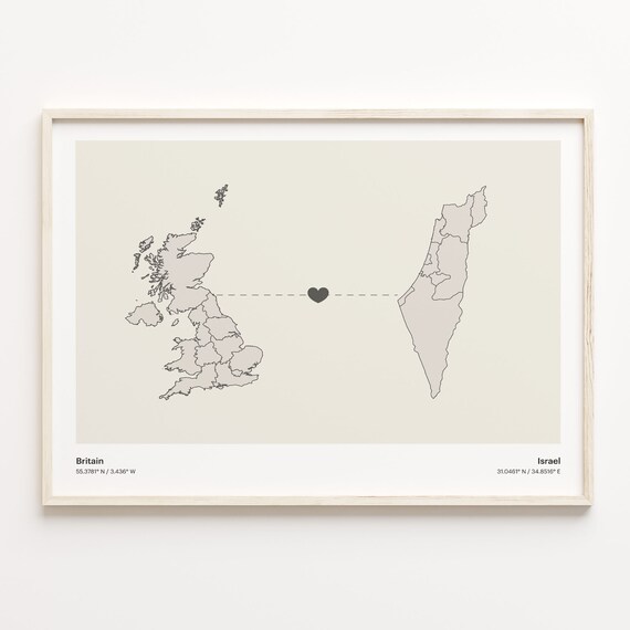 Britain Israel Long Distance Heart Connection Map Gift Poster
