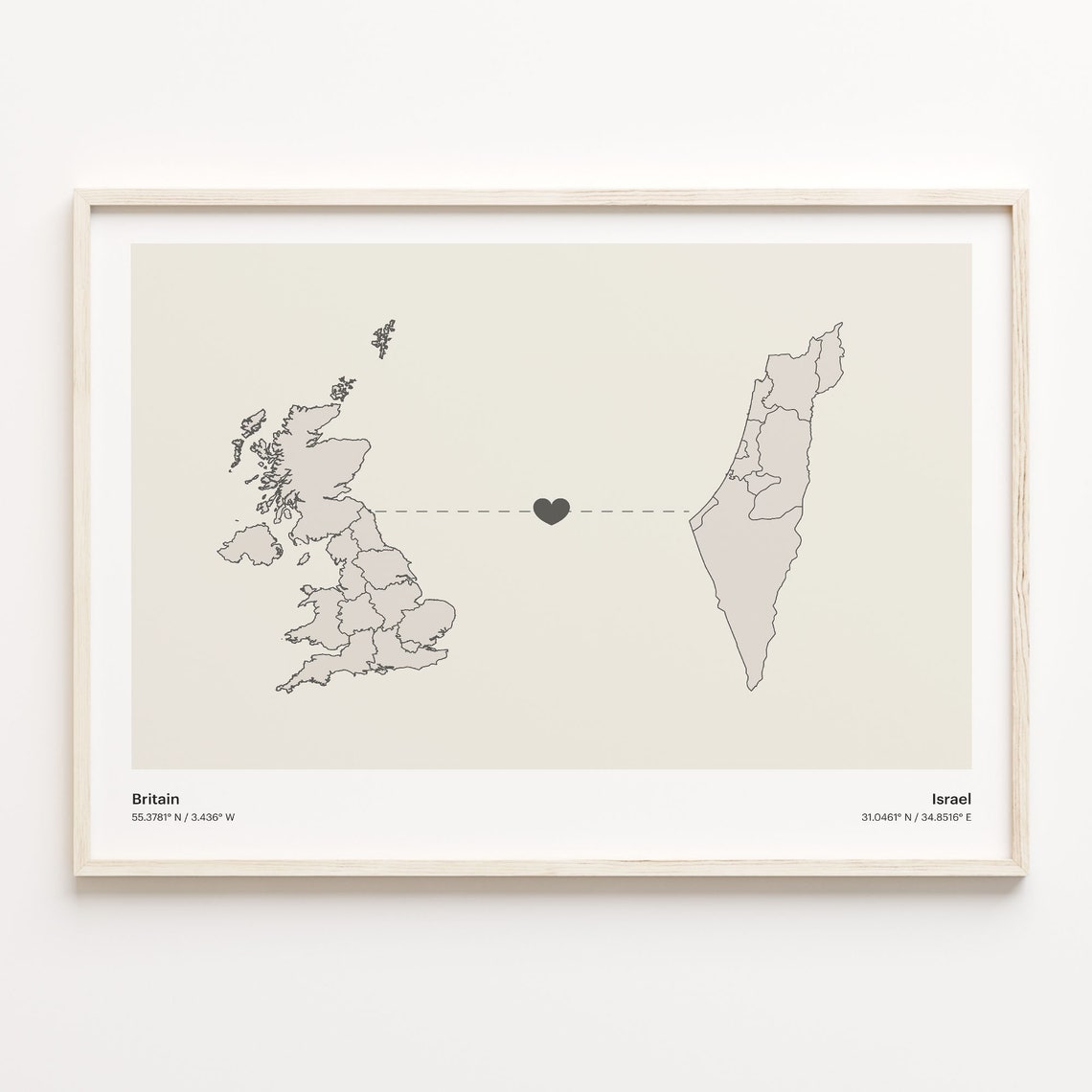 Britain Israel Long Distance Heart Connection Map Gift Poster