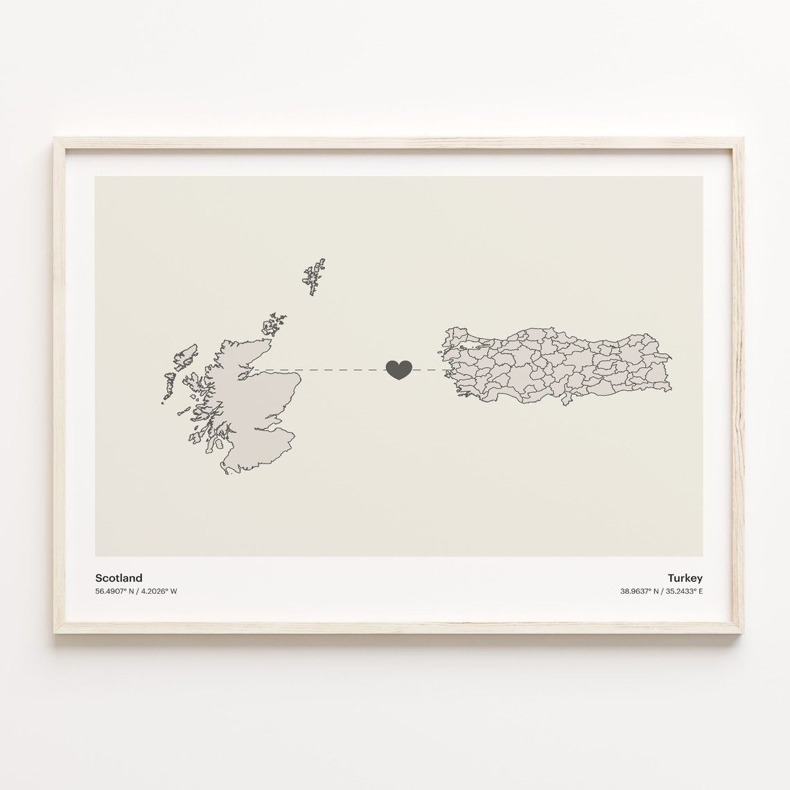 Scotland And Turkey Long Distance Love Minimalist Heart Map Poster