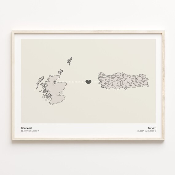 Scotland And Turkey Long Distance Love Minimalist Heart Map Poster