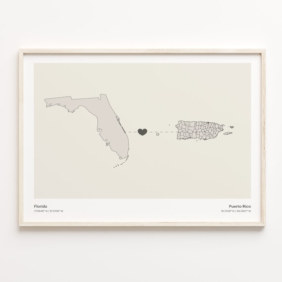 Florida to Puerto Rico Heartfelt Long Distance Connection Map Poster