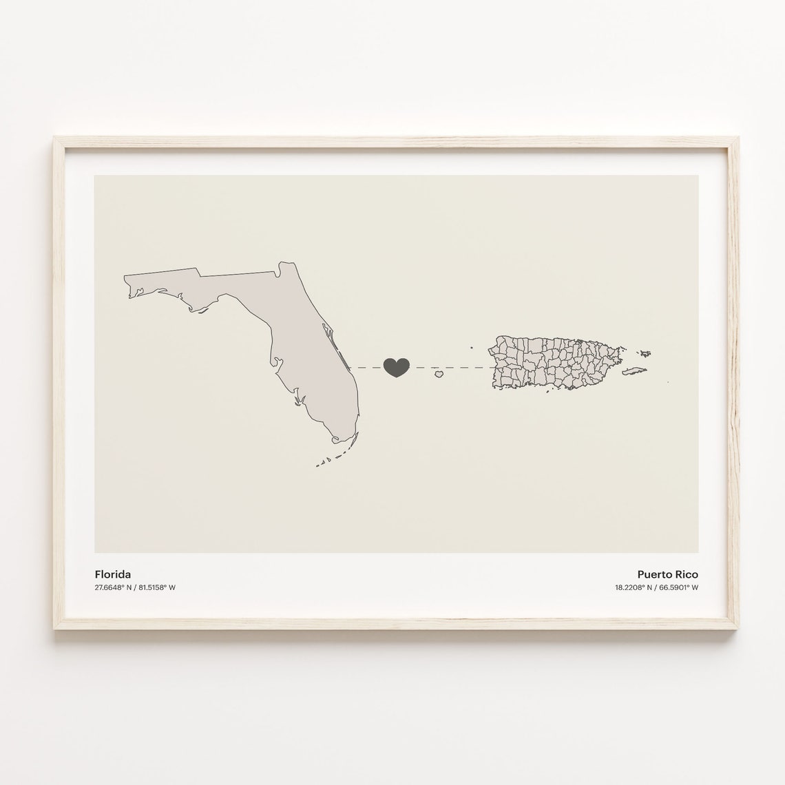 Florida to Puerto Rico Heartfelt Long Distance Connection Map Poster