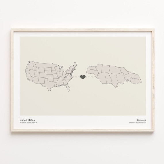 United States To Jamaica Minimalist Heart Map Connection Gift Poster