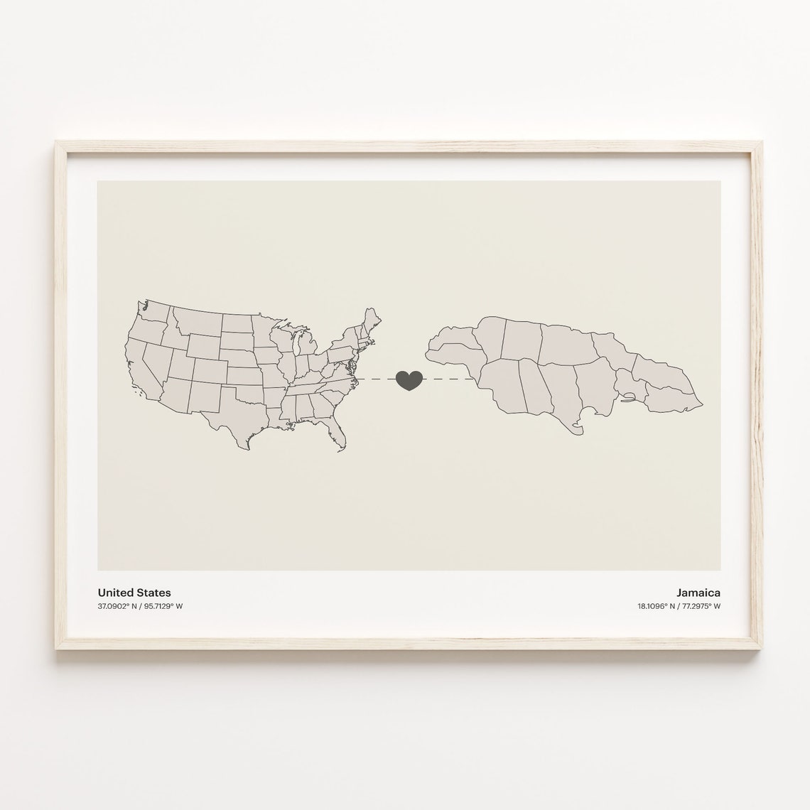 United States To Jamaica Minimalist Heart Map Connection Gift Poster