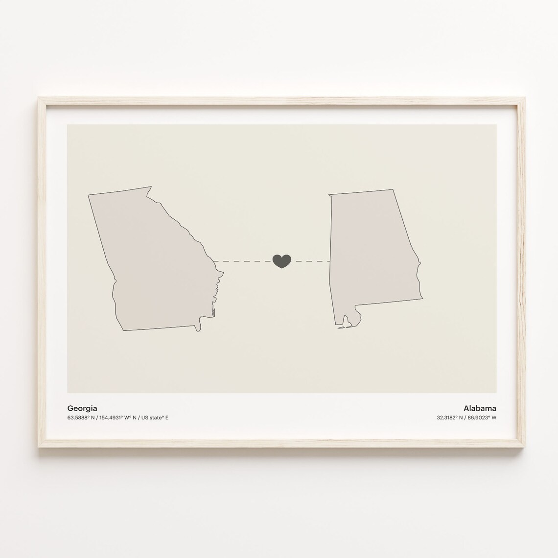 Georgia to Alabama Long Distance Heart Map Minimalist Connection Poster