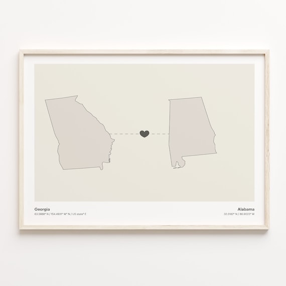 Georgia to Alabama Long Distance Heart Map Minimalist Connection Poster