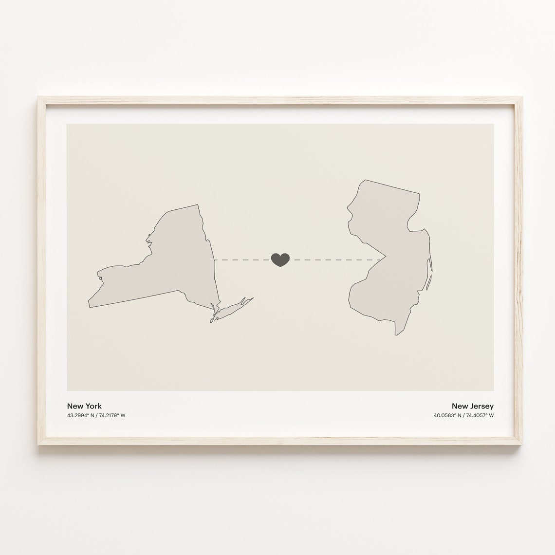 New York To New Jersey Heart Minimalist State Connection Map Poster