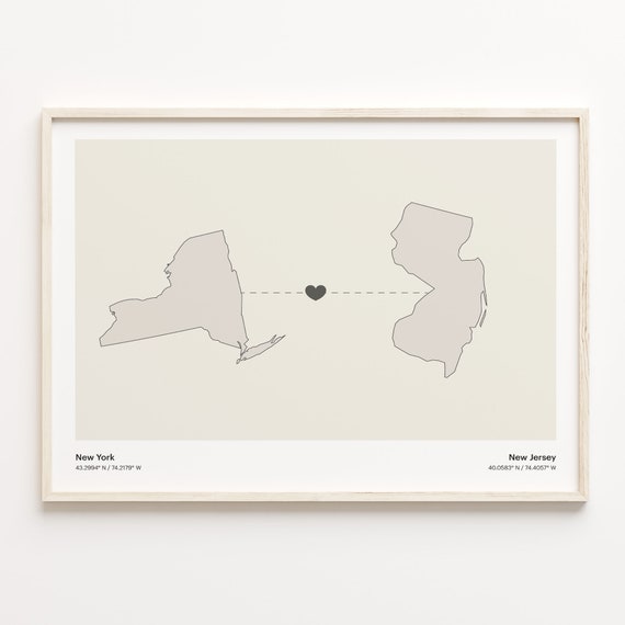 New York To Jersey Print Jerseyan Gift Minimalistic State Connection Map Poster Travel Wall Art Dual Citizenship C211382
