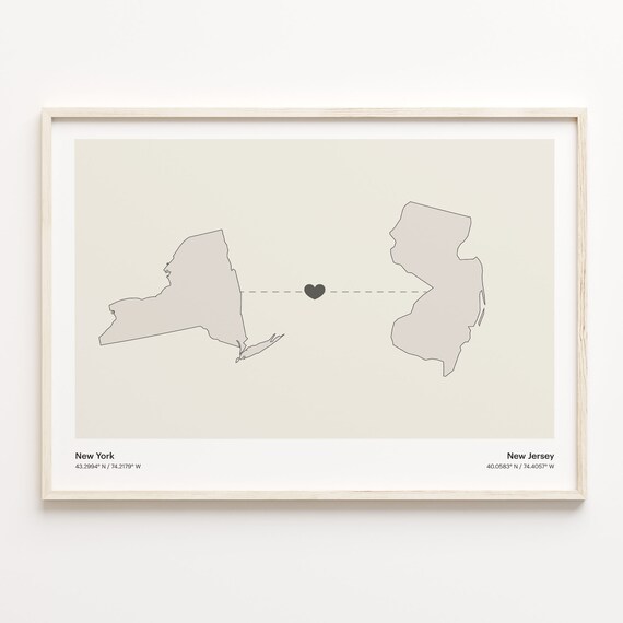 New York To New Jersey Heart Minimalist State Connection Map Poster