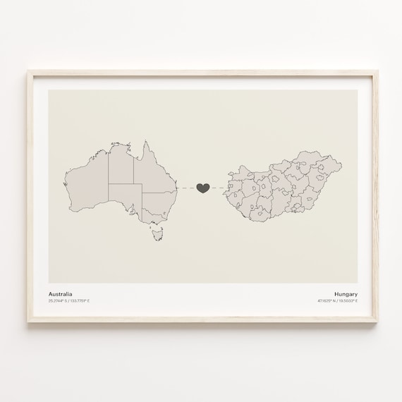 Australia To Hungary Minimalist Map Heart Connection Gift Poster