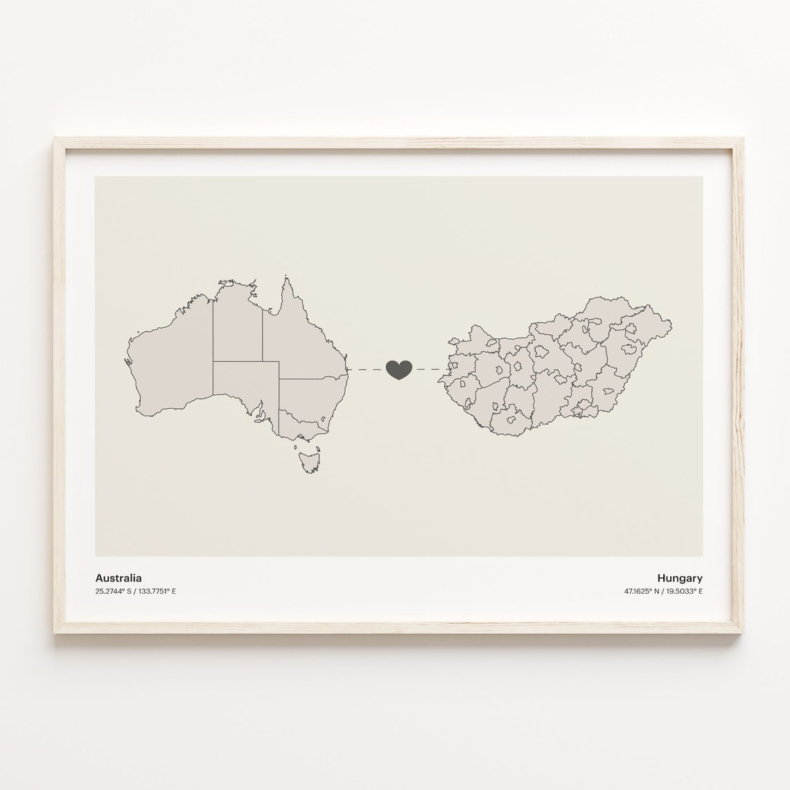 Australia To Hungary Minimalist Map Heart Connection Gift Poster