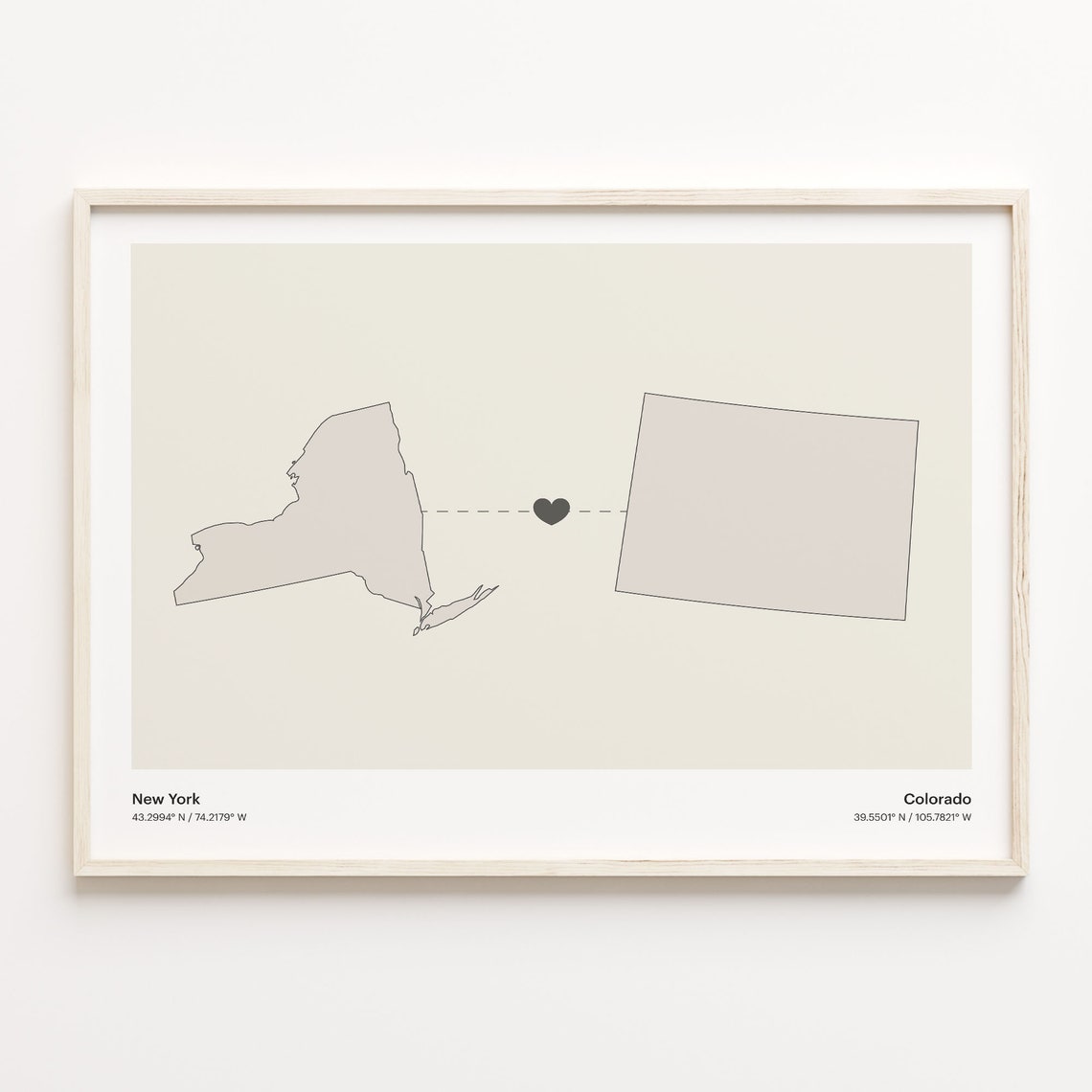 New York Colorado Beige Minimalist Heart Connection Map Poster