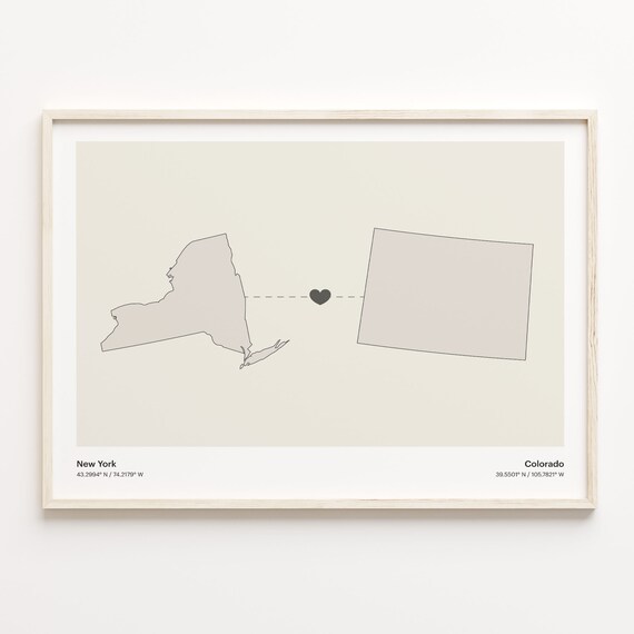 New York Colorado Beige Minimalist Heart Connection Map Poster