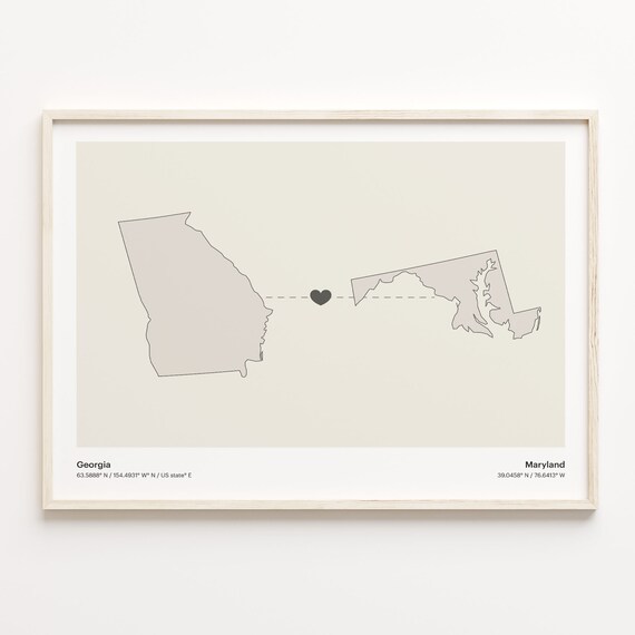 Georgia To Maryland Minimalist Heart State Map Connection Print