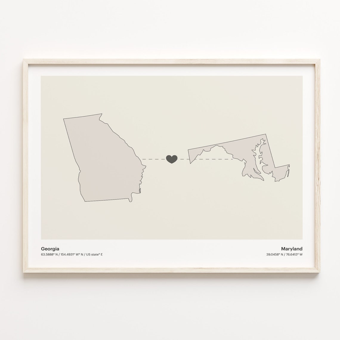 Georgia To Maryland Minimalist Heart State Map Connection Print