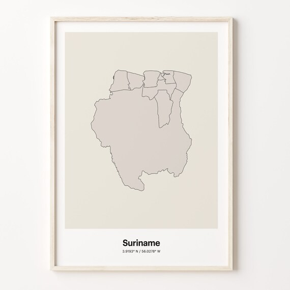 Suriname Beige Minimalist Line Art Country Map Coordinates Poster