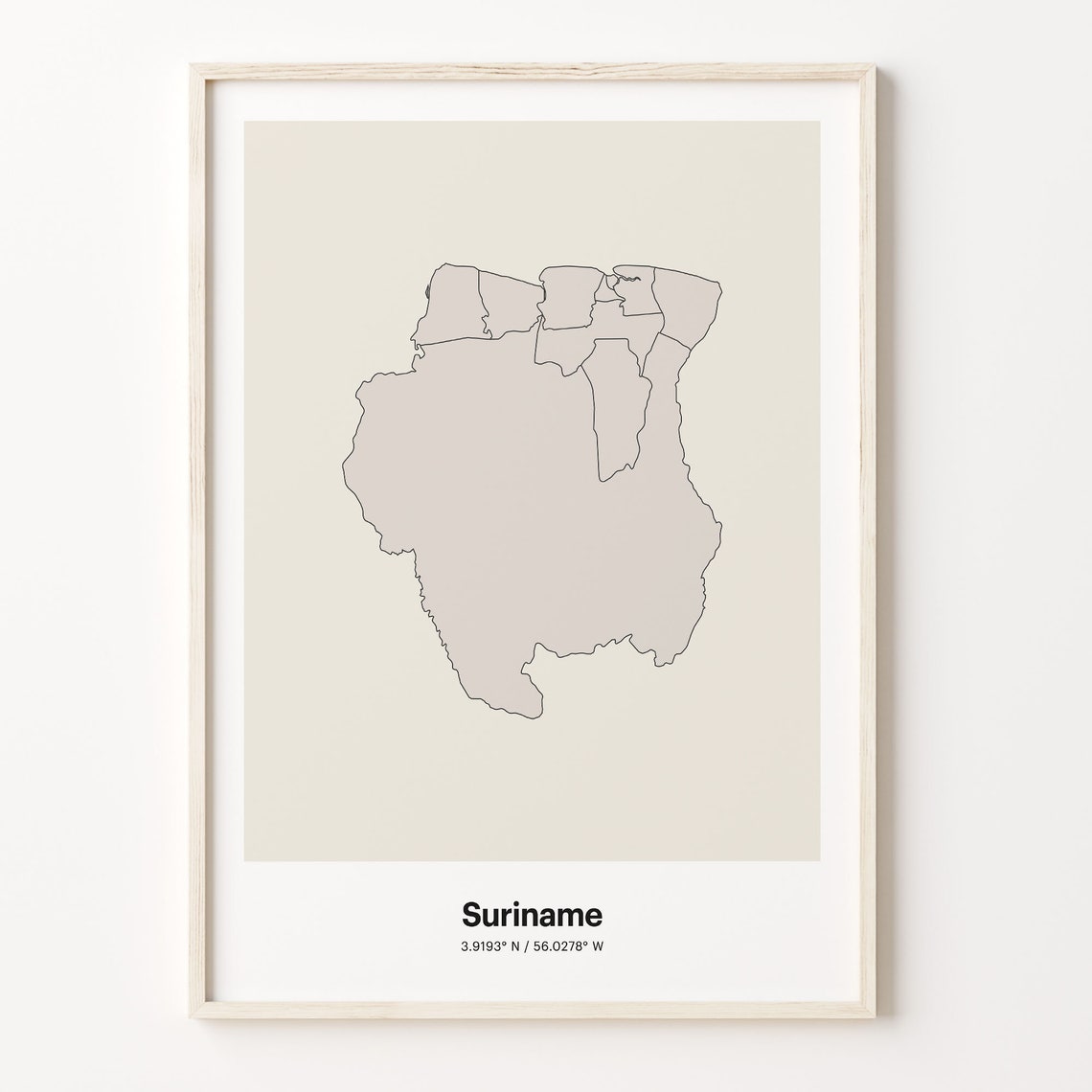 Suriname Beige Minimalist Line Art Country Map Coordinates Poster