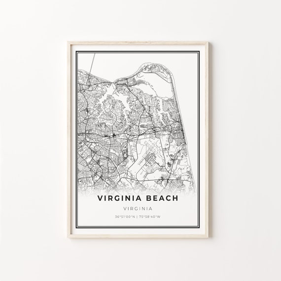 Virginia Beach City Map, Black and White Travel Poster