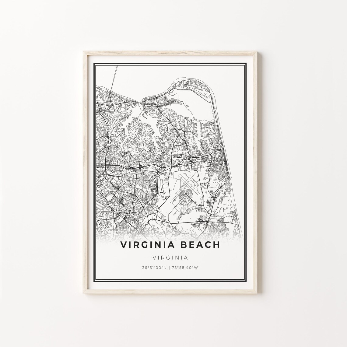 Virginia Beach City Map, Black and White Travel Poster