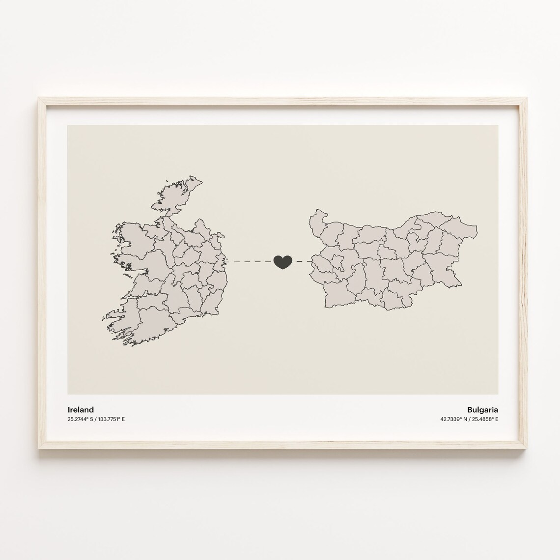 Ireland to Bulgaria Heartfelt Long Distance Connection Map Poster