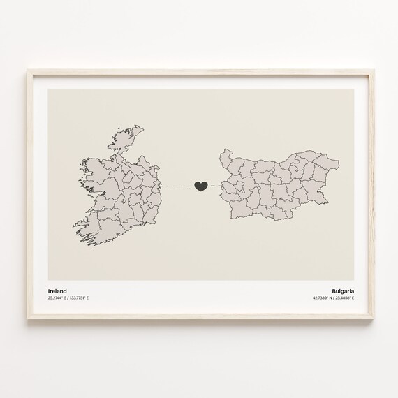 Ireland to Bulgaria Heartfelt Long Distance Connection Map Poster