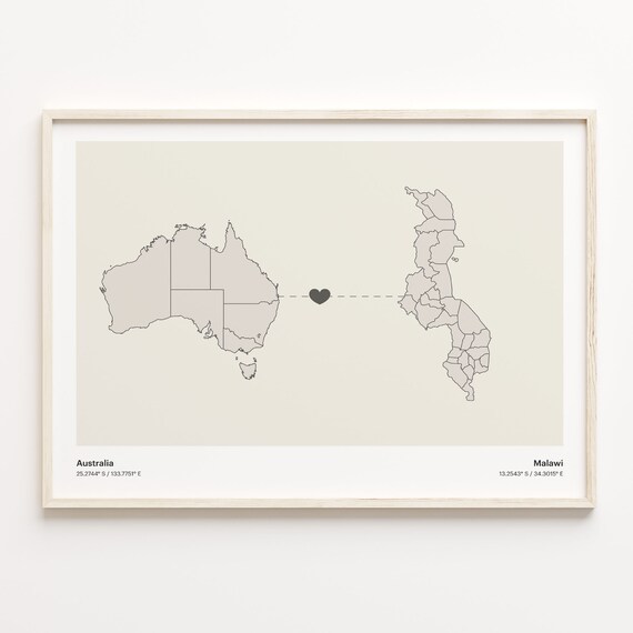 Australia Malawi Long Distance Heart Map Minimalist Love Print