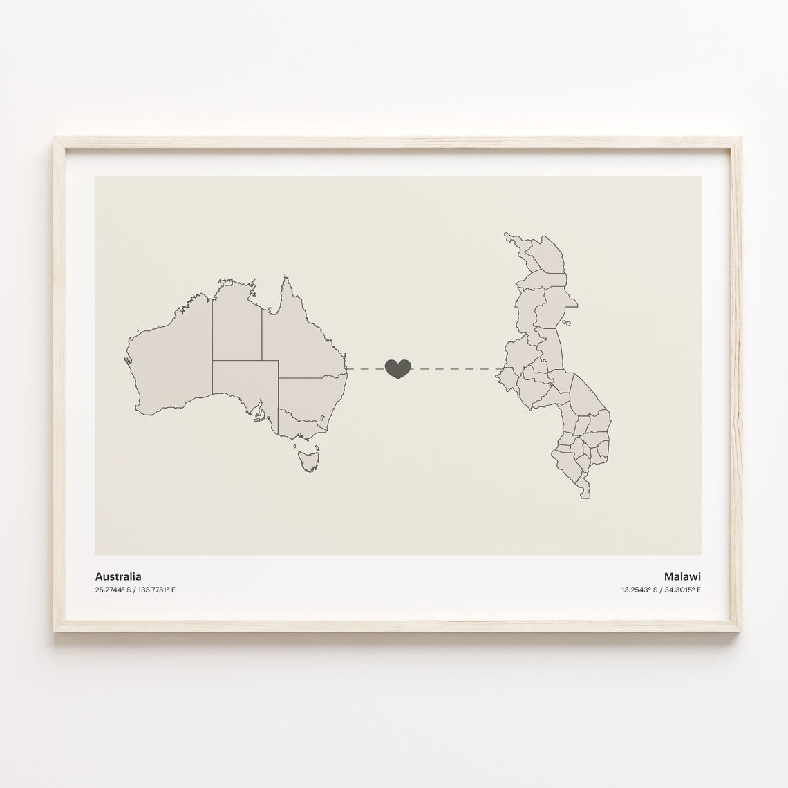 Australia Malawi Long Distance Heart Map Minimalist Love Print