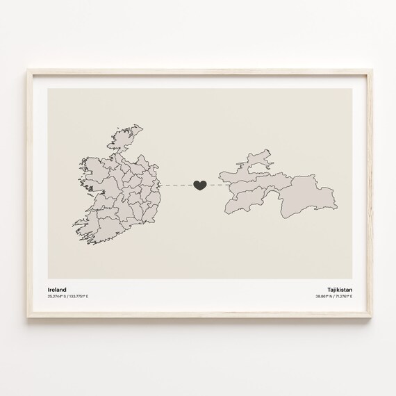 Ireland and Tajikistan Long Distance Love Connection Map Print