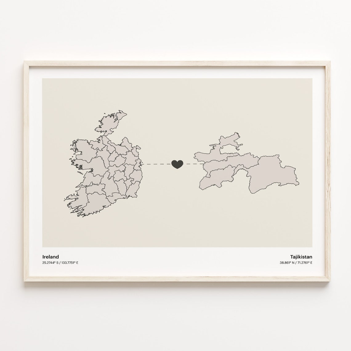 Ireland and Tajikistan Long Distance Love Connection Map Print