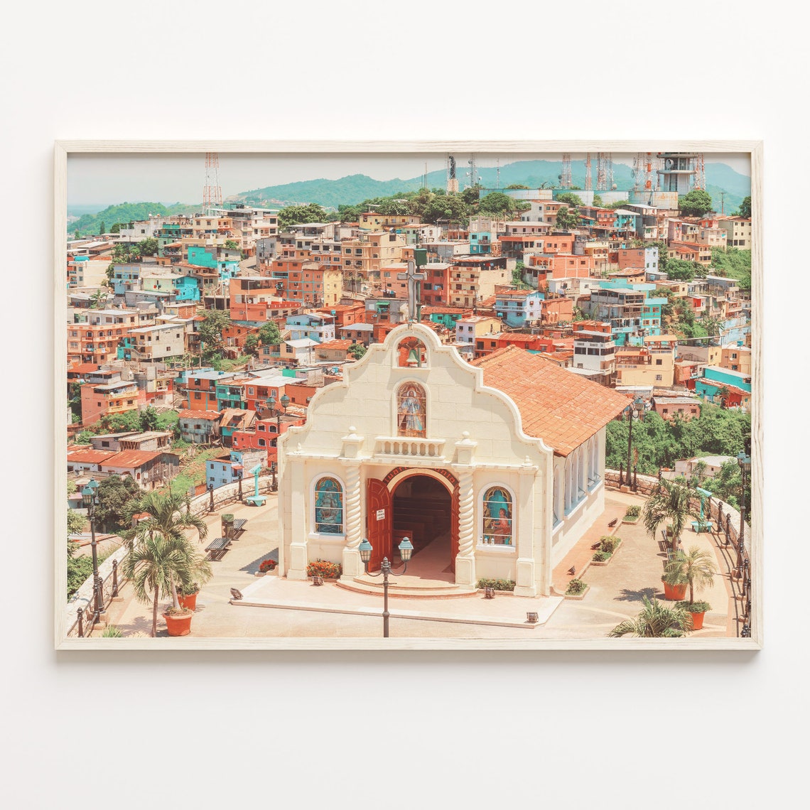 Ecuador Colonial White Church Over Colorful Hillside Town Photo Poster