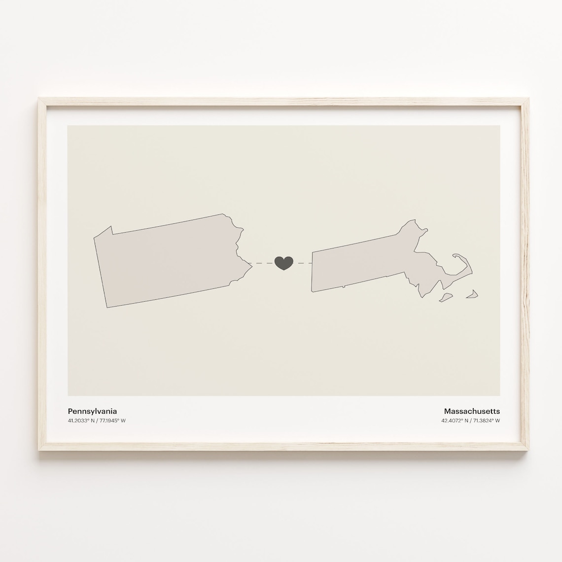 Pennsylvania to Massachusetts Long Distance Love Heart Connection Map Poster