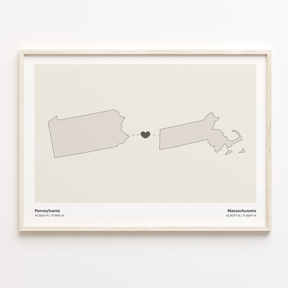 Pennsylvania to Massachusetts Long Distance Love Heart Connection Map Poster