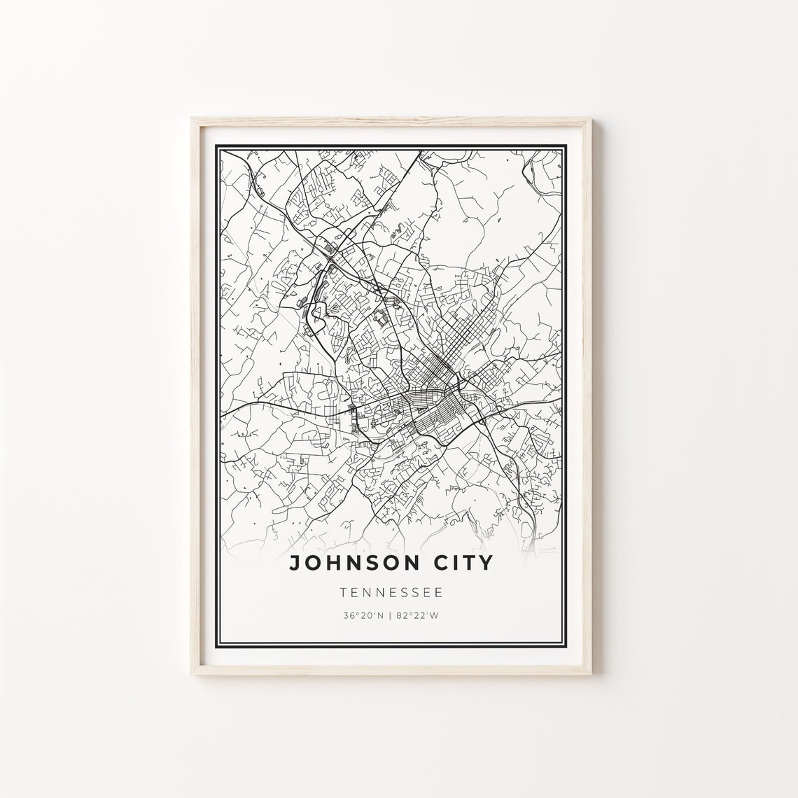 Johnson City Tennessee Map Minimalist Black and White Art Poster