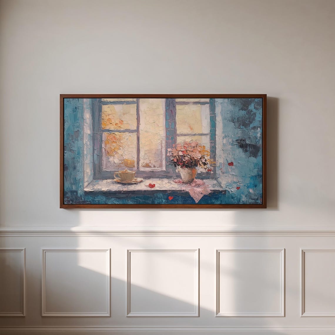 Cozy Blue Window Still Life Teacup Flowers Impressionist Poster - Image 3