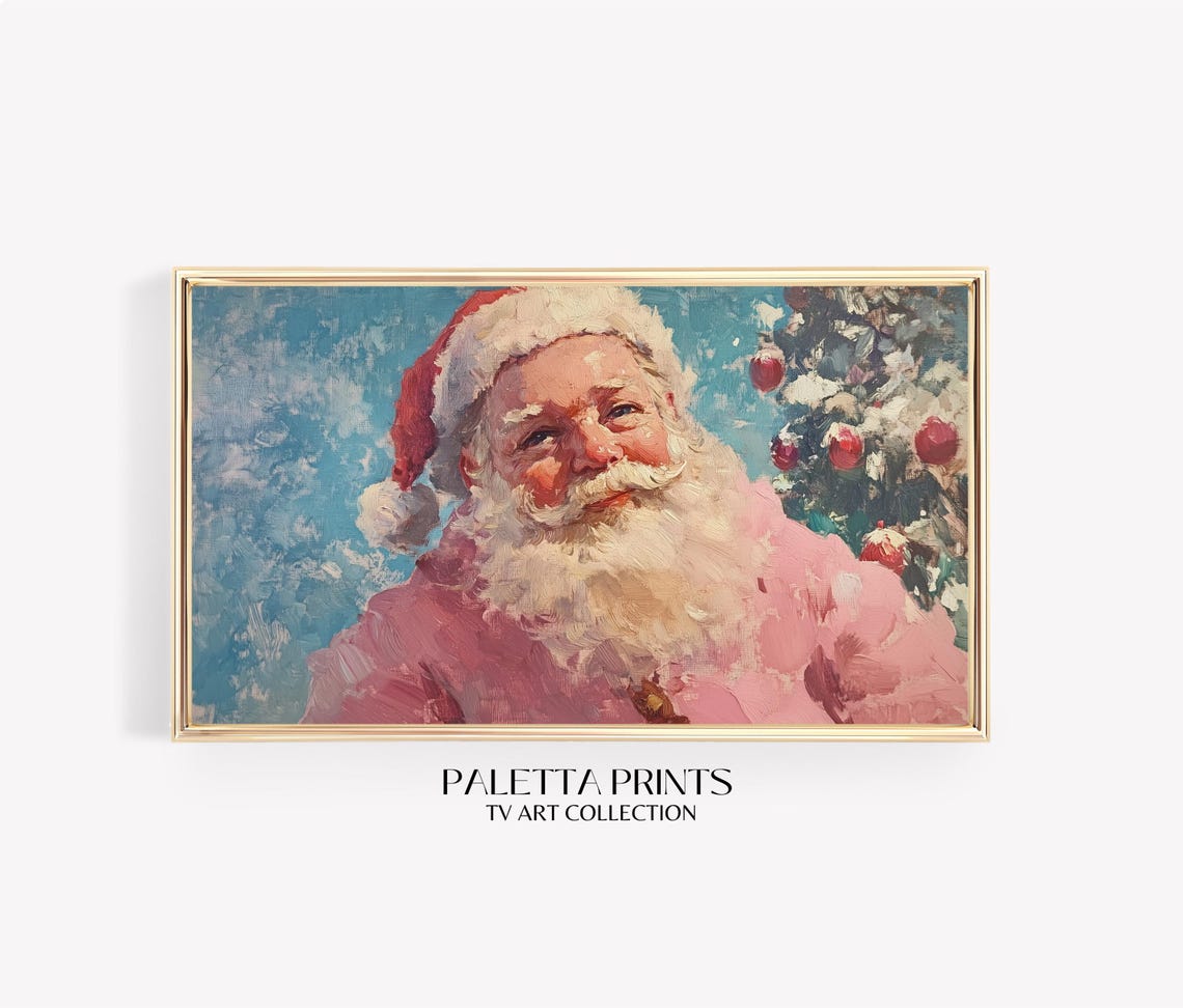 Classic Santa Claus Pink Coat Snowy Christmas Tree Portrait Poster